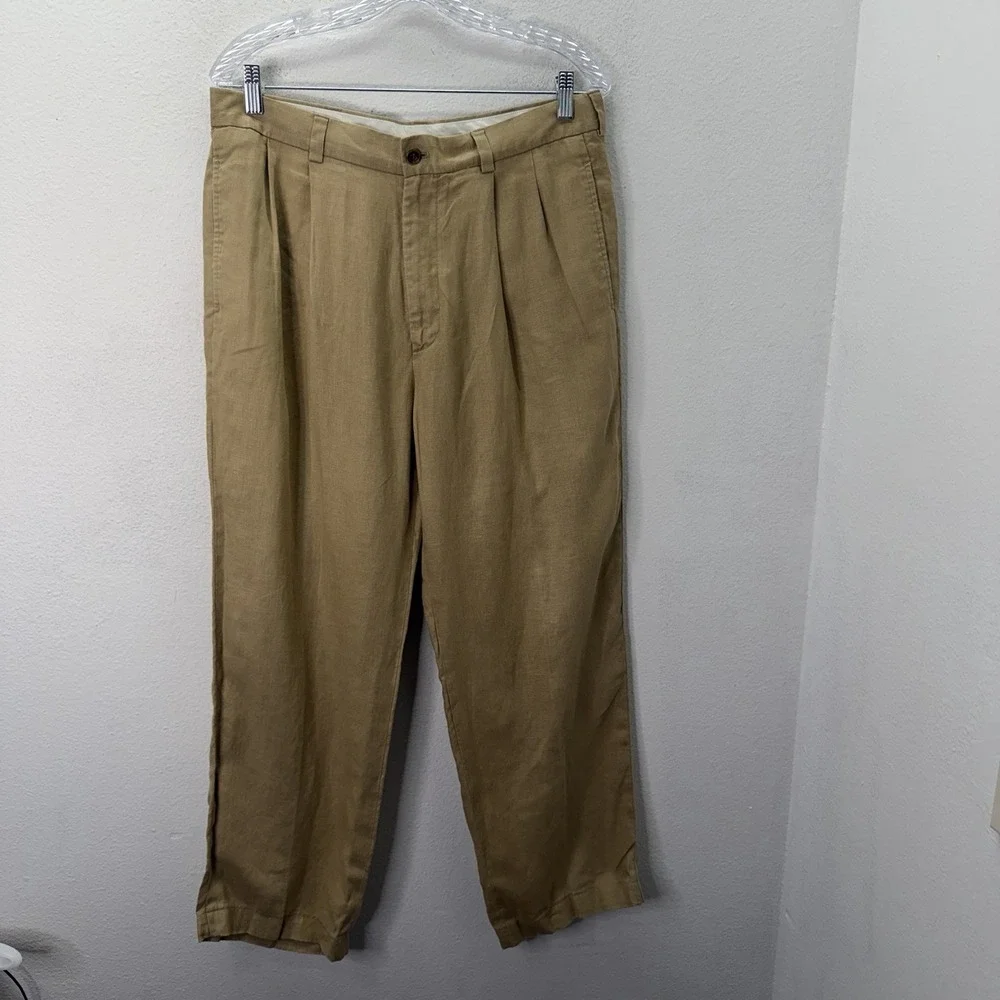 Brooks Brothers 346 Men's 34x30 Tan 100% Linen Casual Dress Chino Pants Pleated